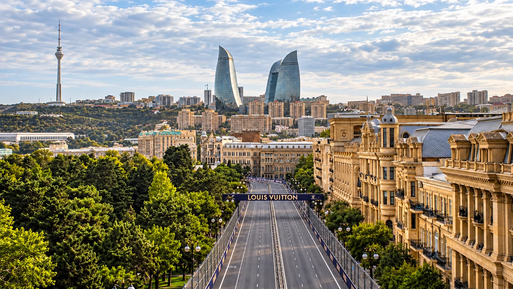 Boulevard and Flame Towers at Baku City Circuit.
