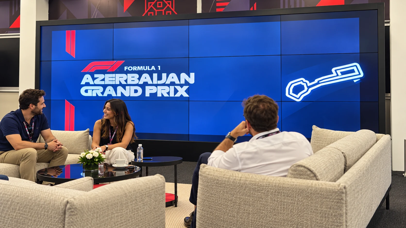 Cream lounge chairs face the Azerbaijan Grand Prix video wall inside a Baku City Circuit event lounge.