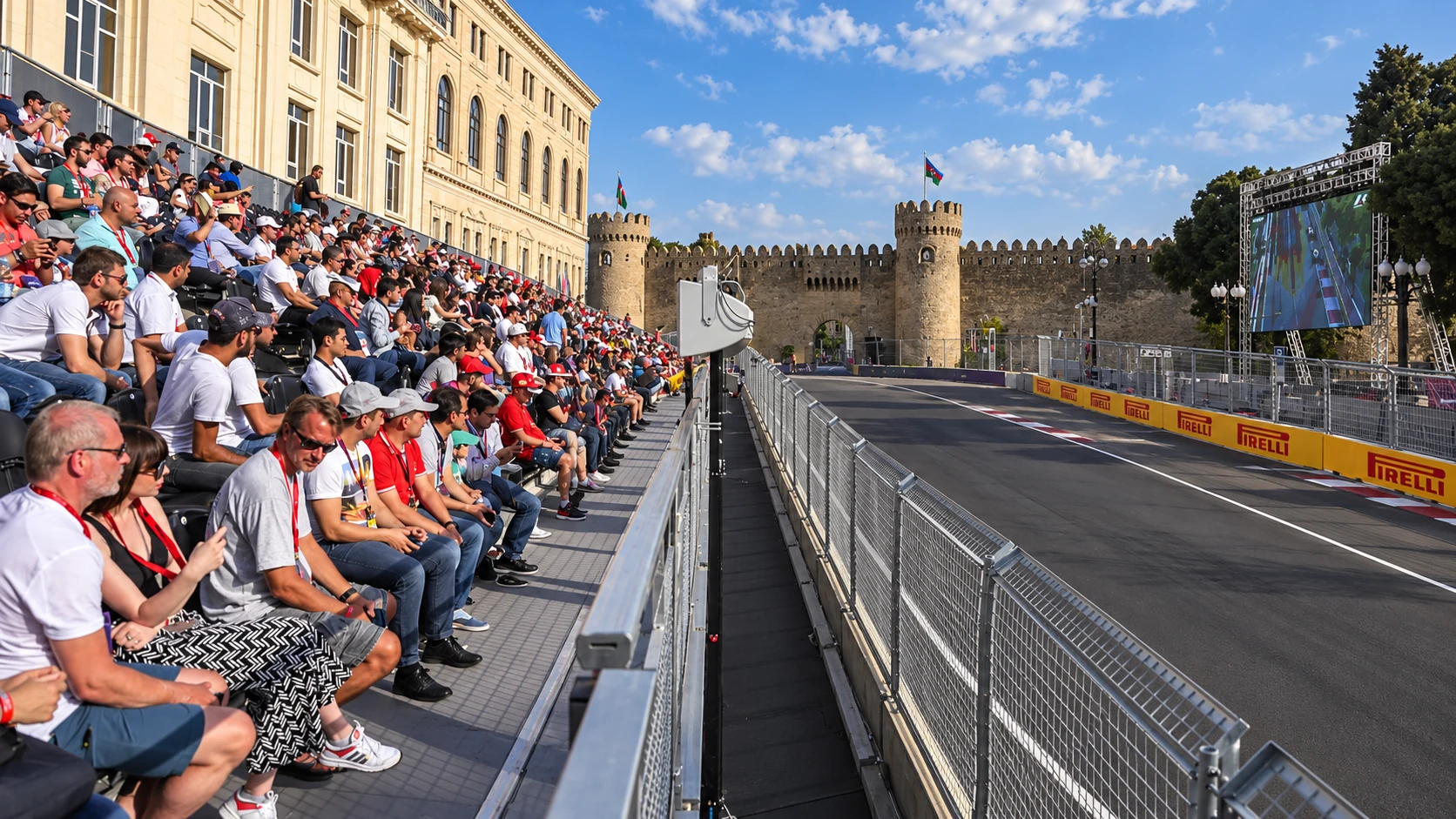 Spectators in the Icheri Sheher grandstand sit beside the Baku circuit and the crenellated Old City wall.