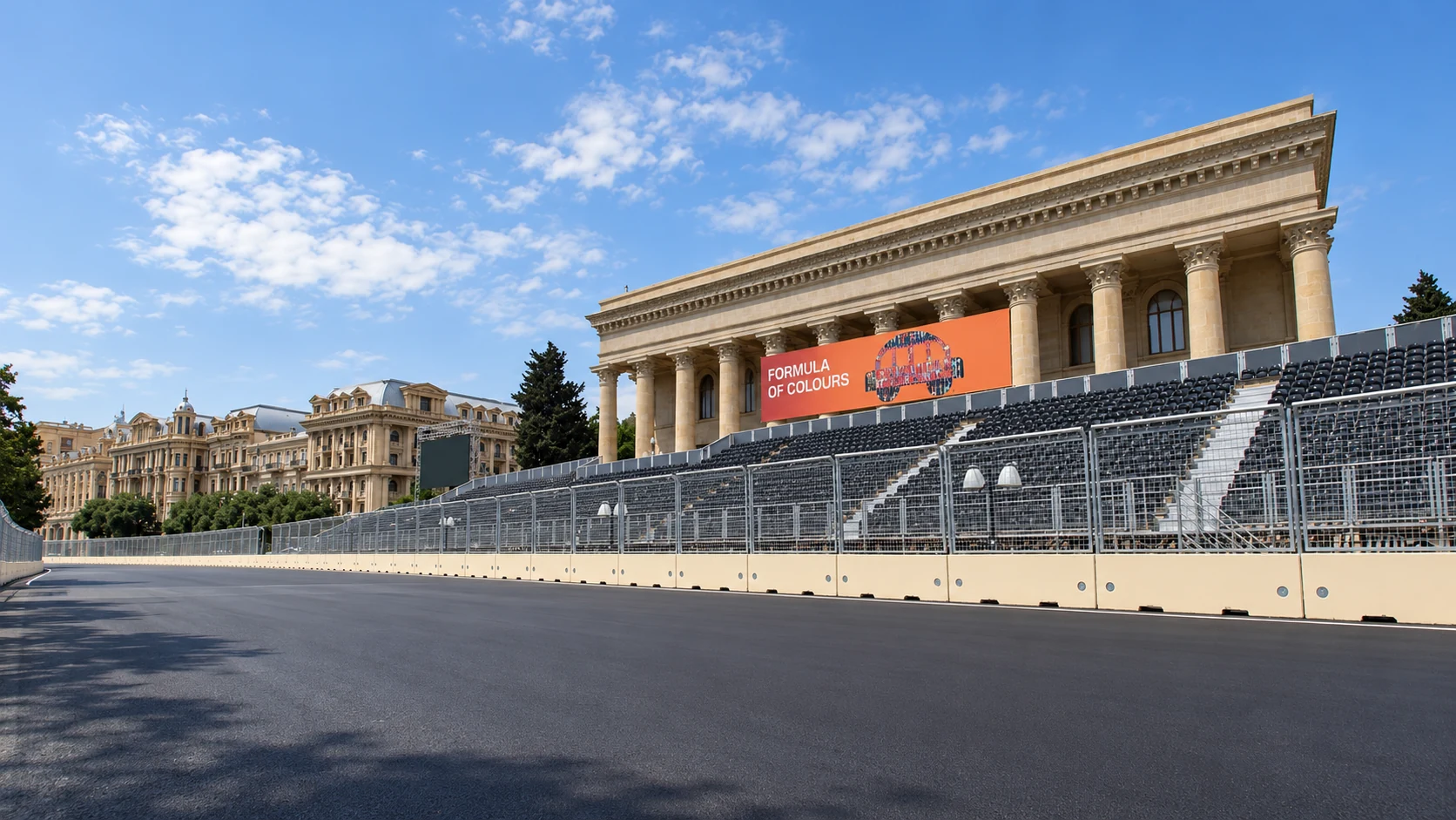 A temporary grandstand stands in front of the columned museum facade during preparations for Baku’s inaugural 2016 Grand Prix.