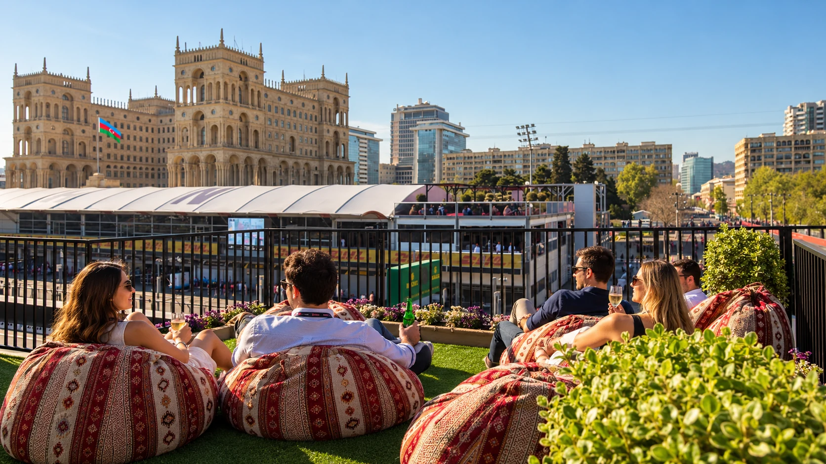 Patterned beanbags sit on a planted rooftop terrace overlooking Baku City Circuit’s paddock and Government House.