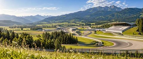 Destination artwork of Spielberg: the Red Bull Ring setting near Spielberg, green Styrian hills, a graceful strip of racing circuit and grandstands within a broad Alpine valley, luminous summer daylight.