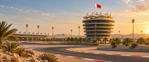 Destination artwork of Sakhir: Bahrain International Circuit in Sakhir, desert sand, sweeping track and distinctive multi-tier round circuit tower, warm late afternoon light.