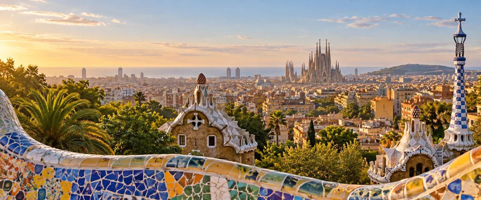 Destination artwork of Barcelona: Barcelona viewed from Park Guell, colorful mosaic terrace detail in foreground and sunlit Catalan rooftops with the Sagrada Familia visible in the distance.