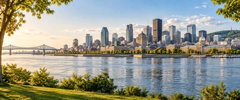 Destination artwork of Montreal: Montreal skyline viewed across the Saint Lawrence river, green riverside park in foreground, relaxed early summer sunshine and distinctive downtown silhouette.