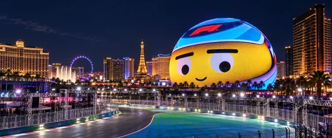 Destination artwork of Las Vegas: Las Vegas Strip at night with glowing Sphere, illuminated race circuit and resort skyline.