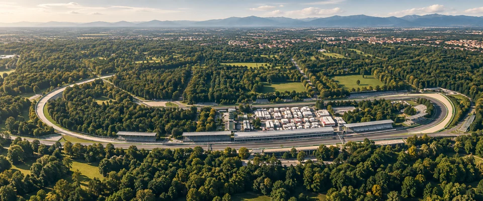 Destination artwork of Monza: Autodromo Nazionale Monza nestled within extensive lush parkland, historic Italian racing atmosphere and visible track and grandstand.