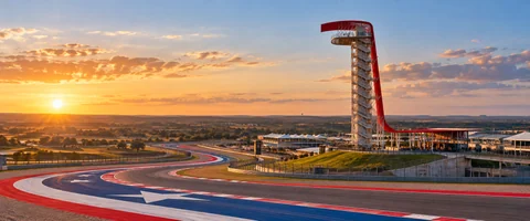 Destination artwork of Austin: Circuit of the Americas in Texas, distinctive red observation tower, sweeping track, red white and blue runoff and open rolling Texas landscape.