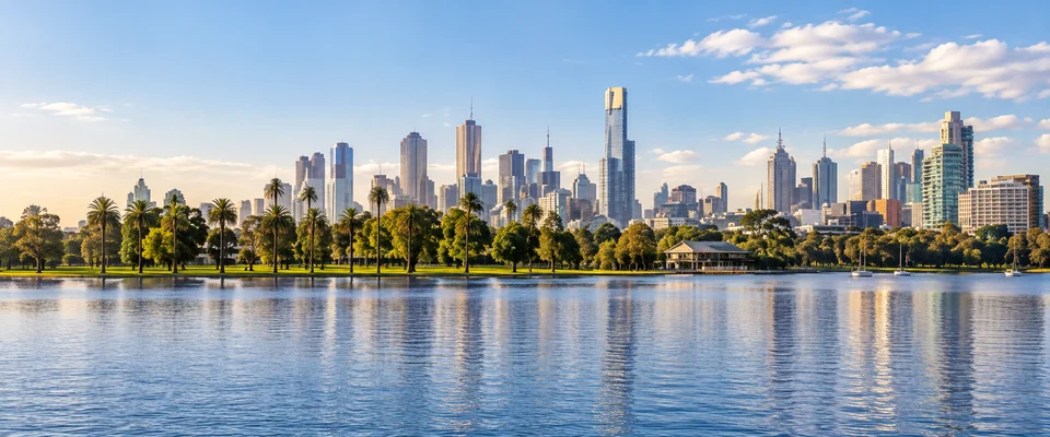 Destination artwork of Melbourne: Albert Park lake, green parkland and the Melbourne skyline in crisp bright southern summer light.