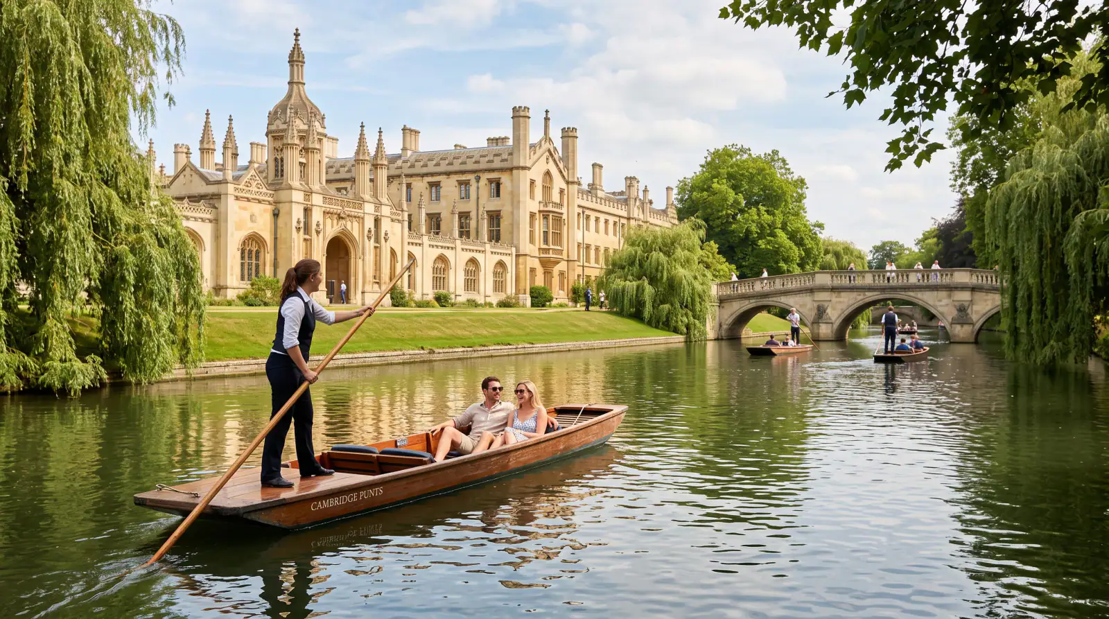 Punts on the River Cam beside the Cambridge colleges.