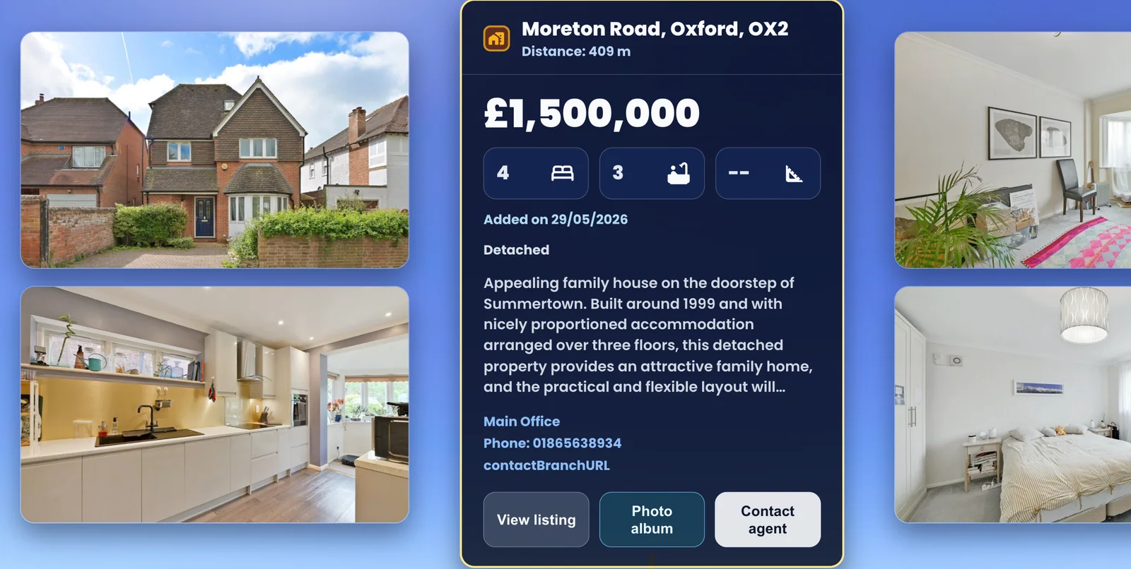 Above Guide property detail view showing images, price, room counts, description and agent actions