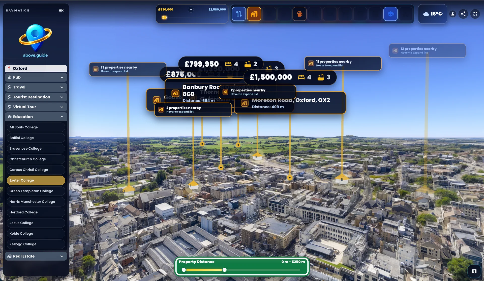 Above Guide aerial destination view with properties pinned to their GPS locations