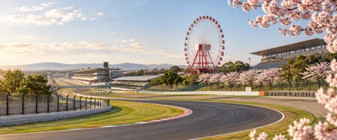 Destination artwork of Suzuka: Suzuka circuit in spring, sweeping track, grandstands and the iconic Ferris wheel, fresh green landscape and a delicate edge of cherry blossom.