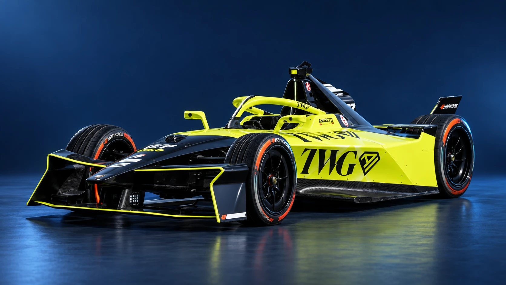 Andretti Formula E Formula E car in a front three-quarter view.