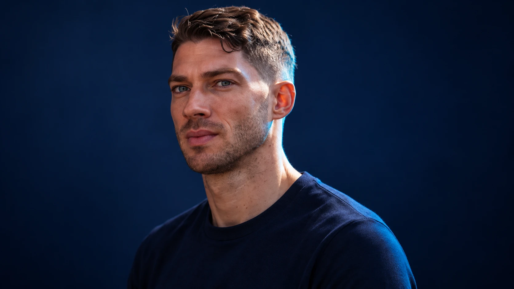 Edoardo Mortara in a navy shirt against a dark background.
