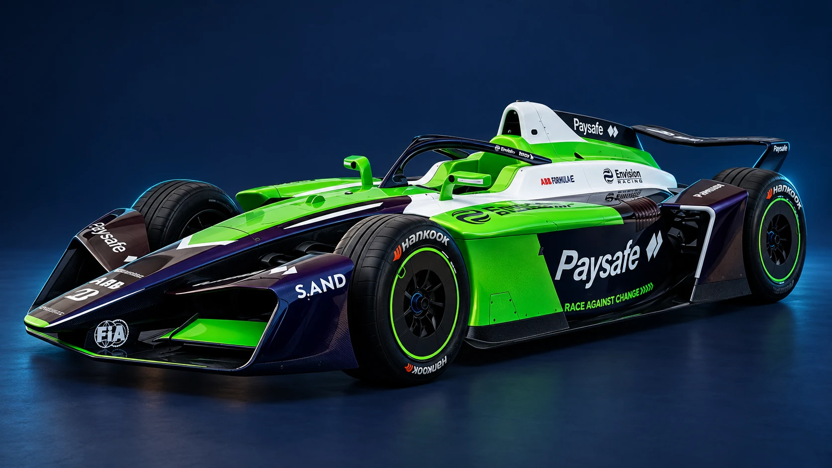 Paysafe Envision Racing Formula E car in a front three-quarter view.