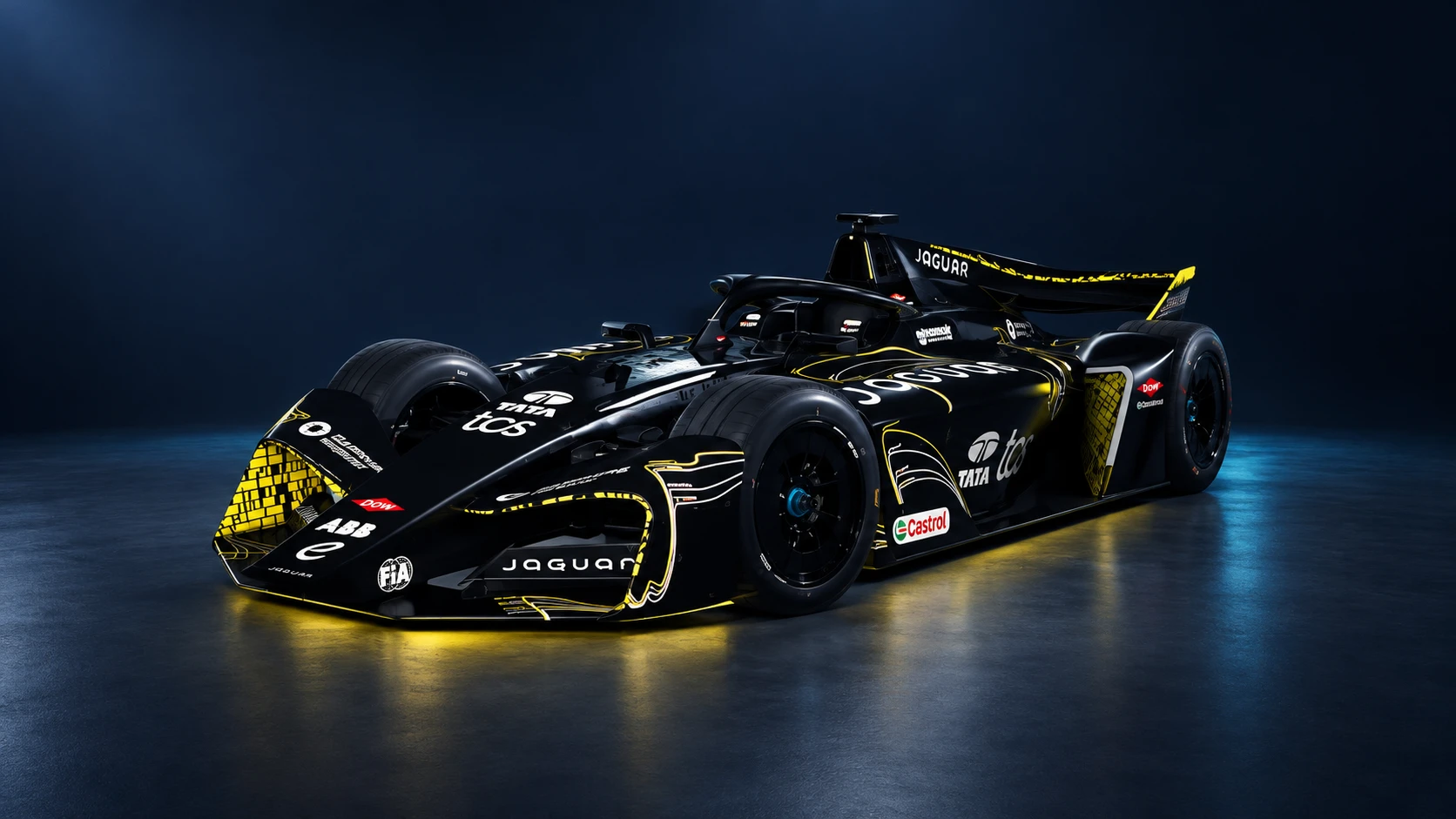 Jaguar TCS Racing Formula E car in a front three-quarter view.