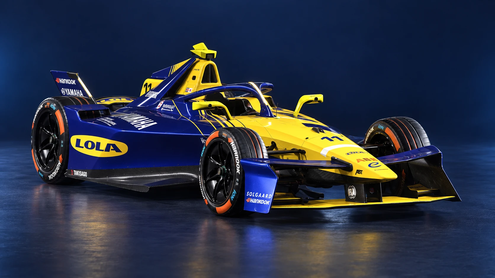 Lola Yamaha ABT Formula E car in a front three-quarter view.