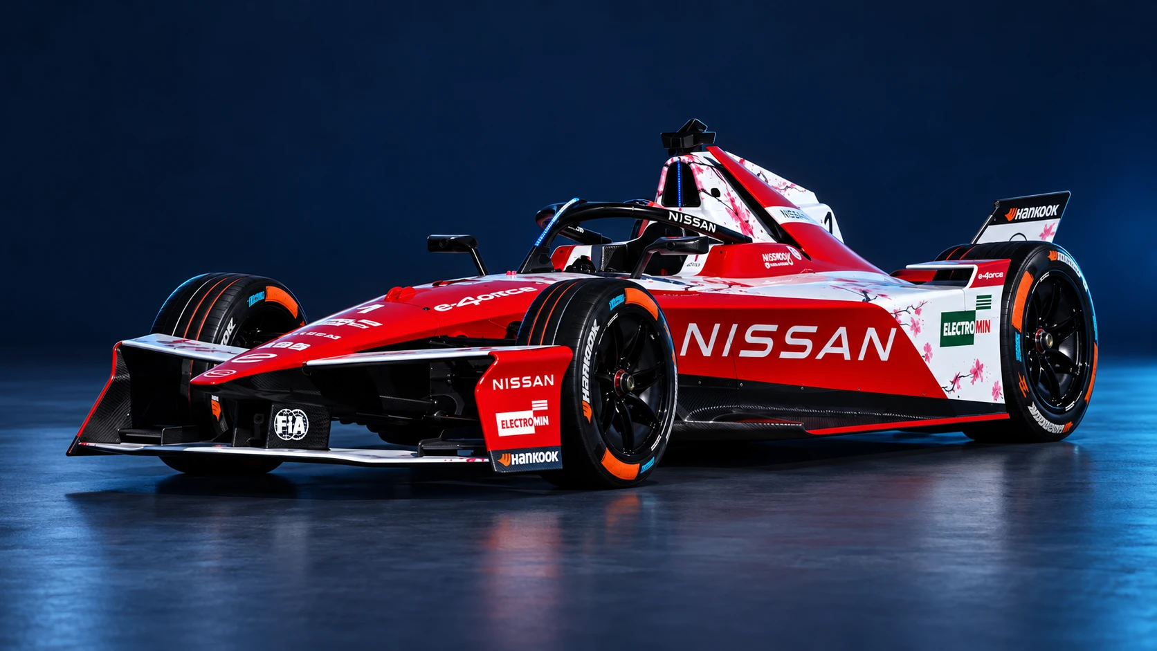 Nissan Formula E Team Formula E car in a front three-quarter view.