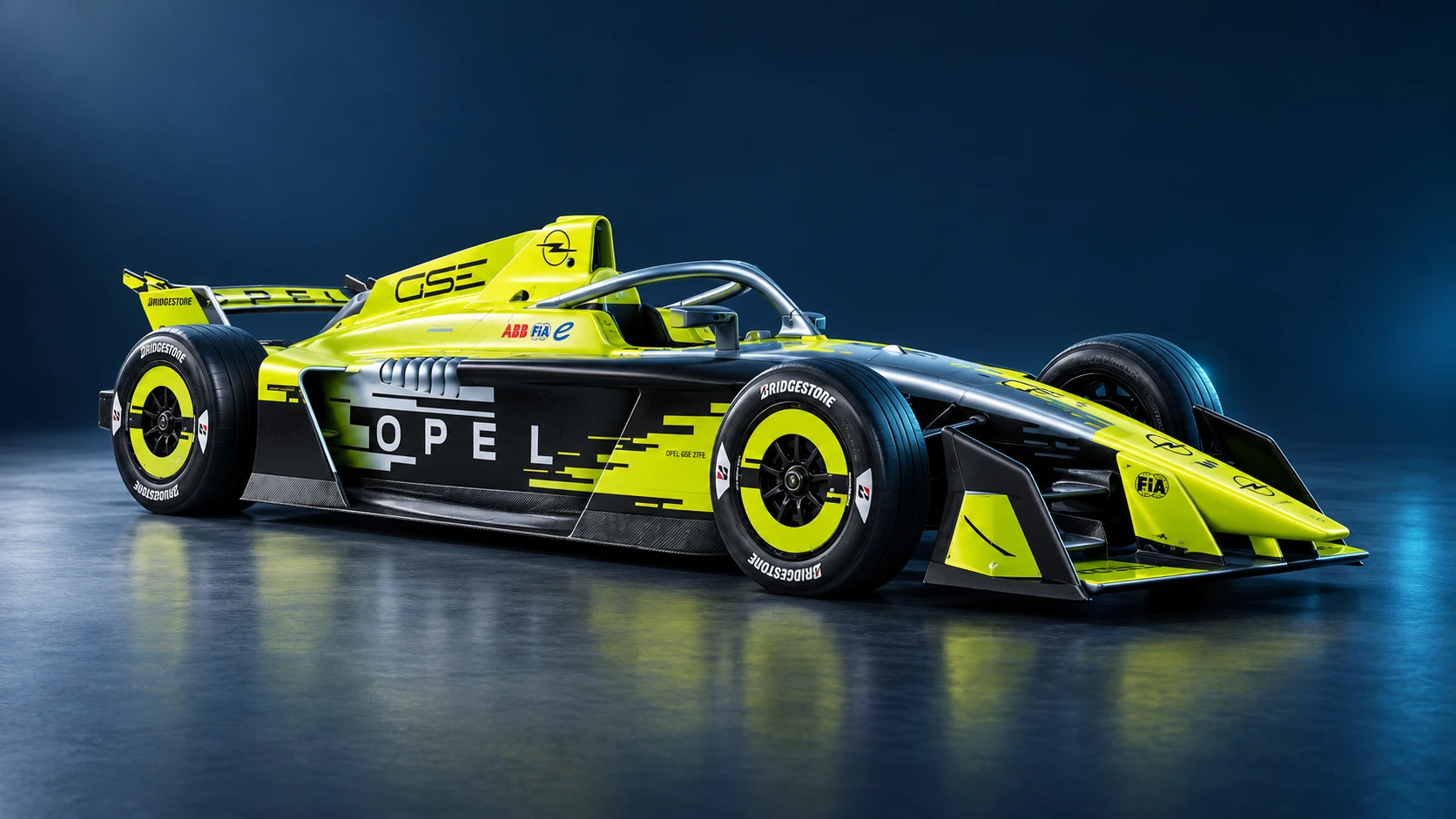 Opel GSE Formula E Team Formula E car in a front three-quarter view.