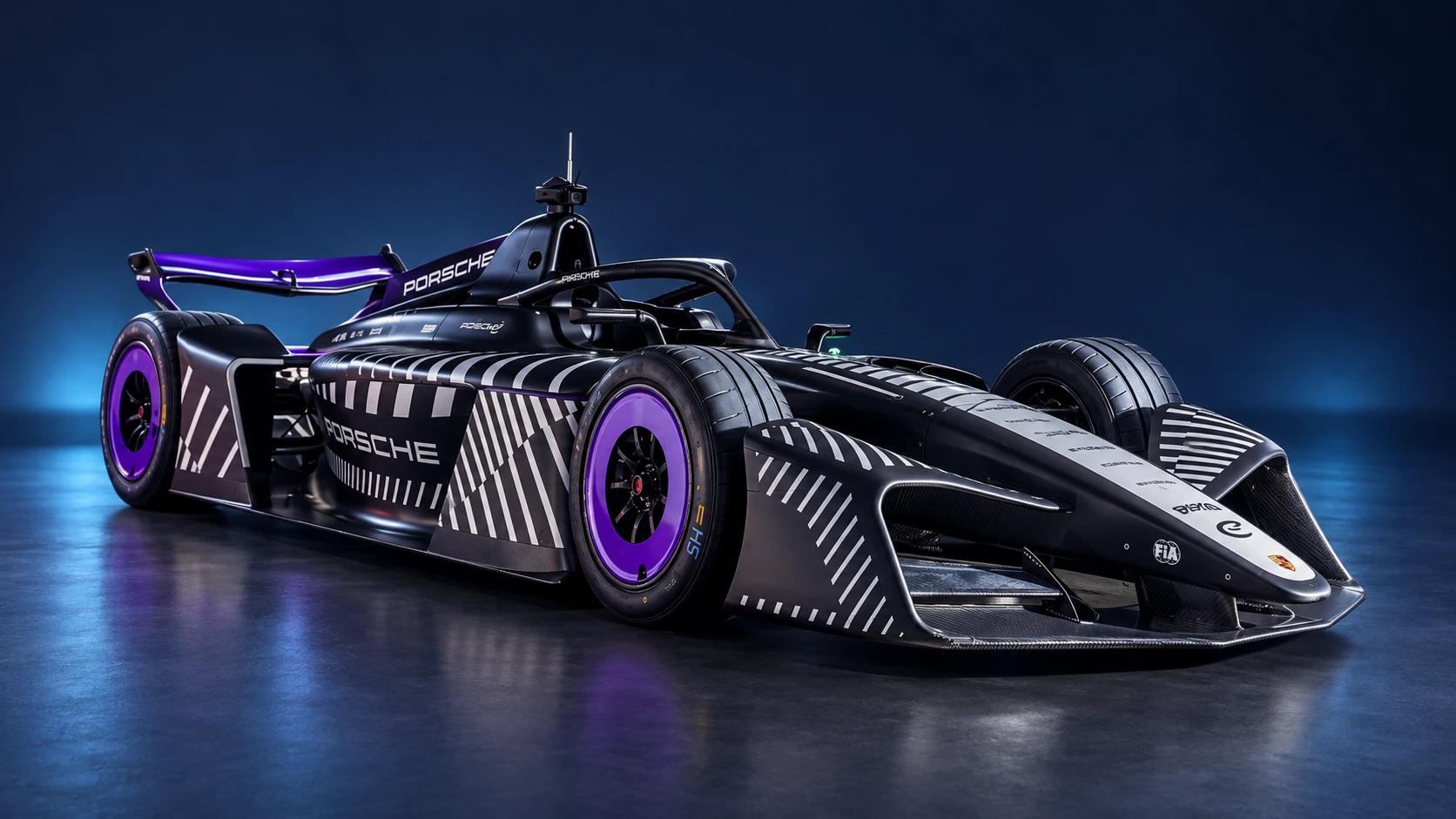 Porsche Formula E Team Formula E car in a front three-quarter view.