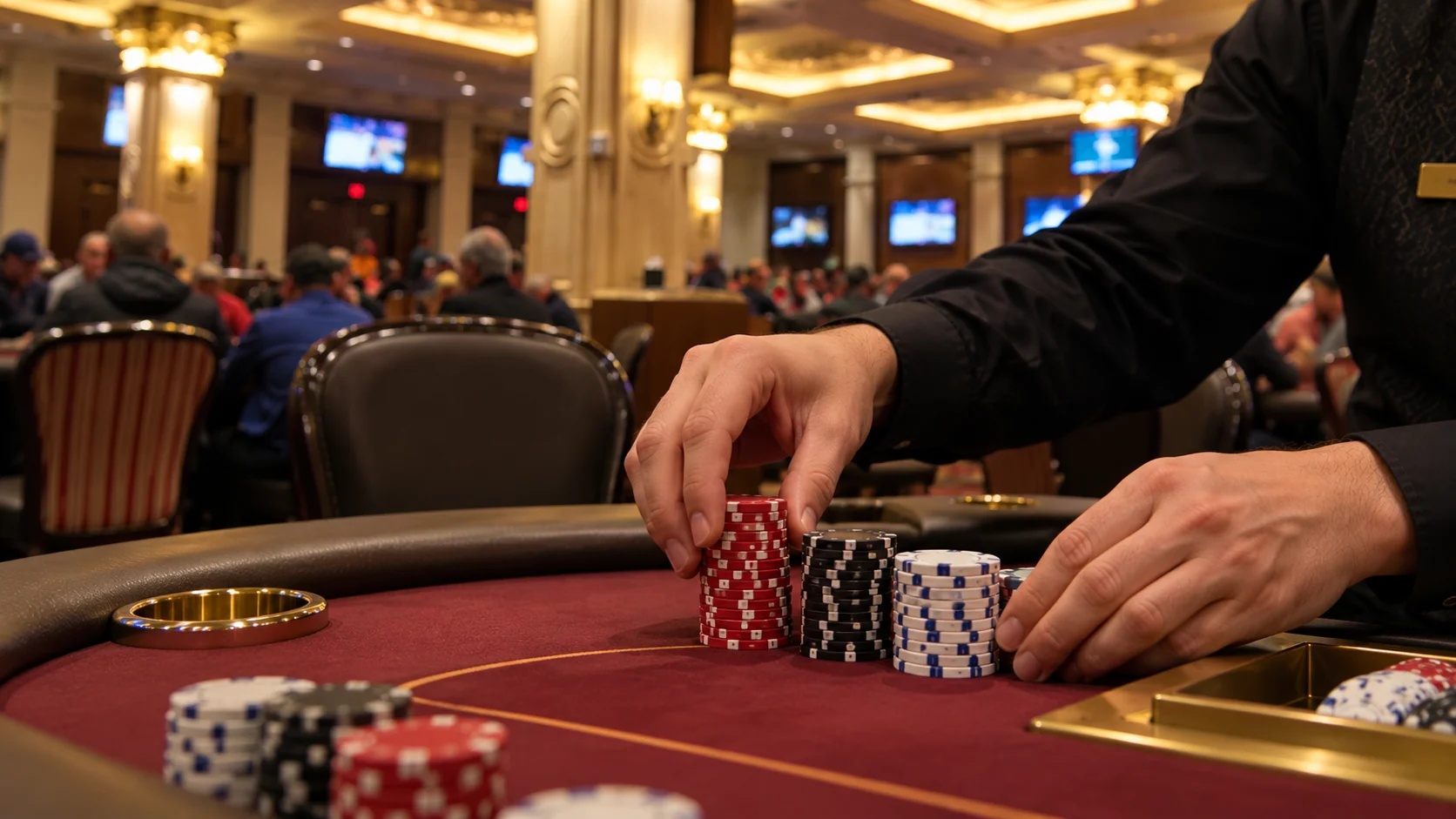 A dealer preparing chips at a Bellagio poker table