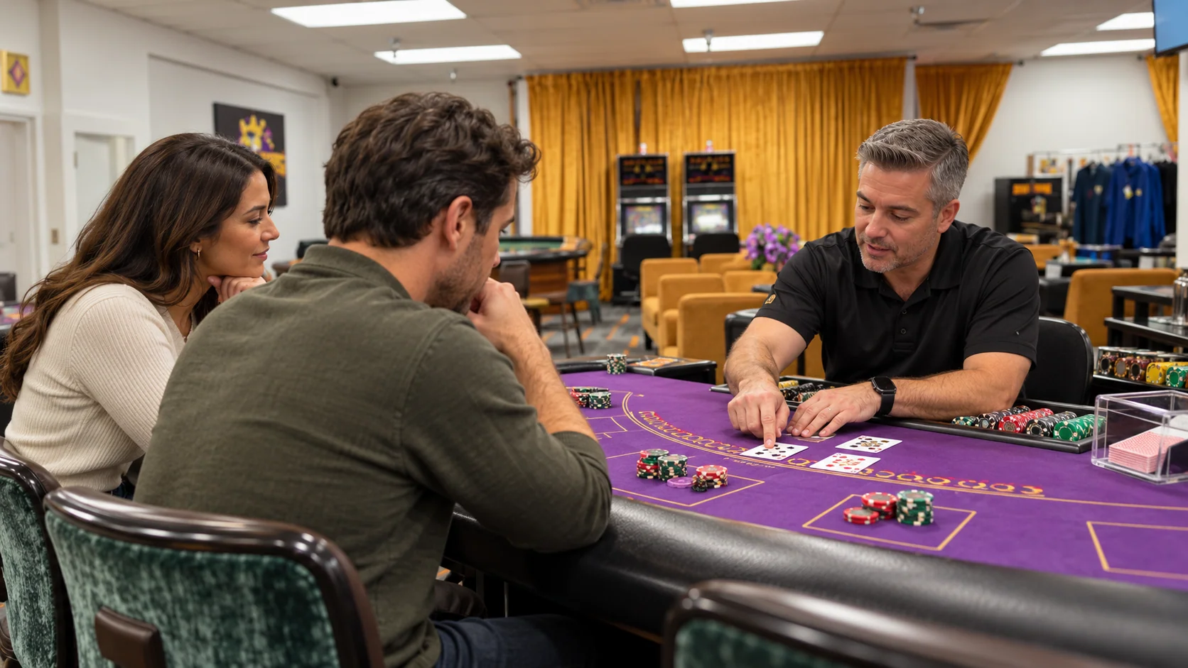 An instructor and two guests at a Casino Quest blackjack lesson