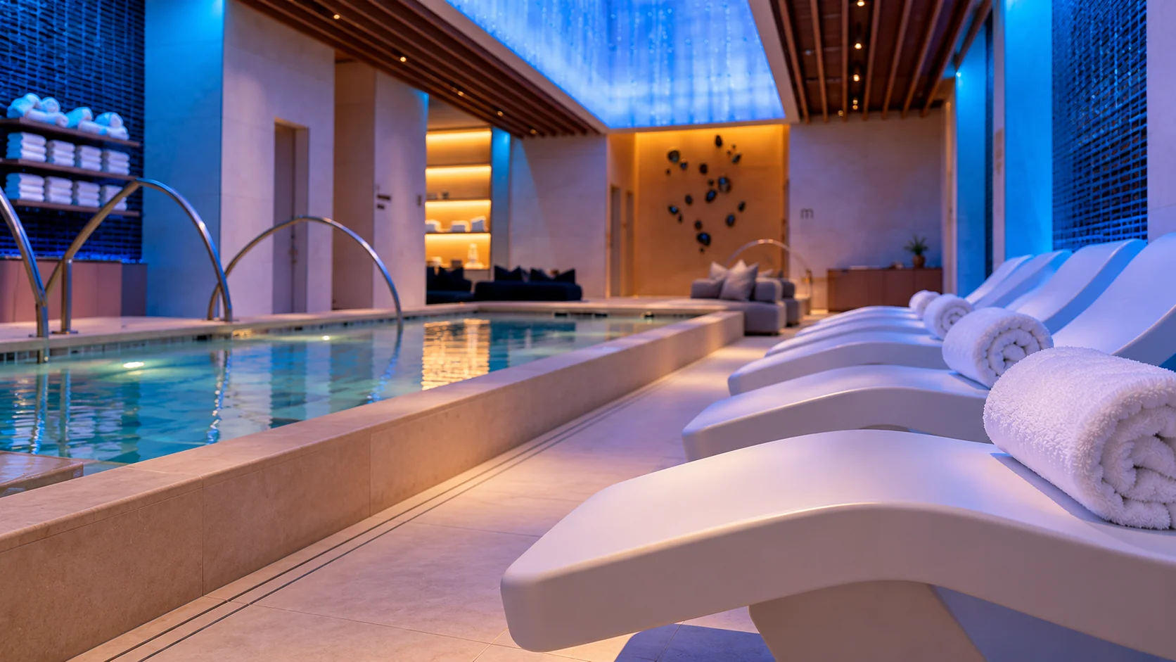White loungers beside the Lapis Spa pool