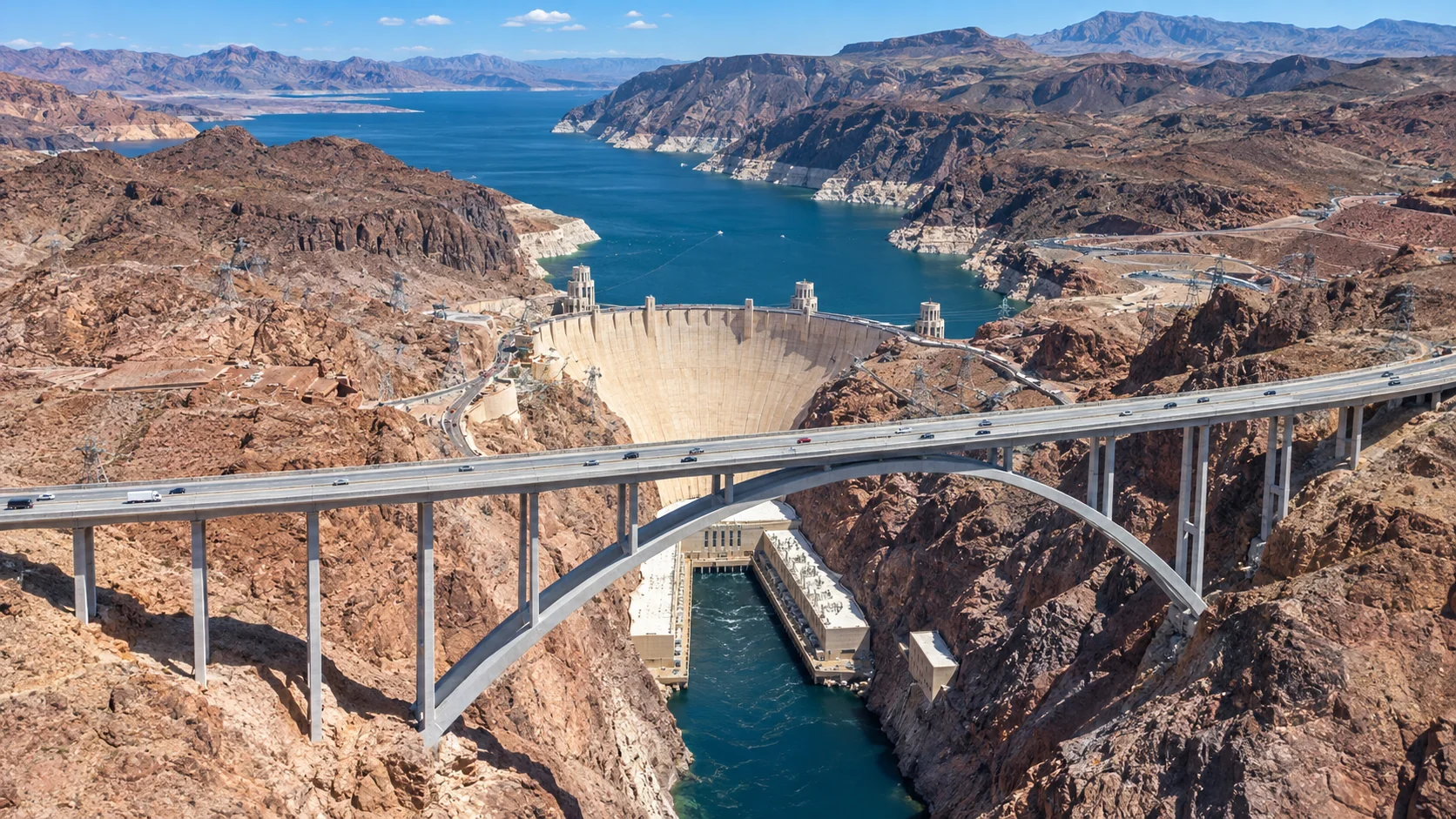 Hoover Dam and its bypass bridge from the air