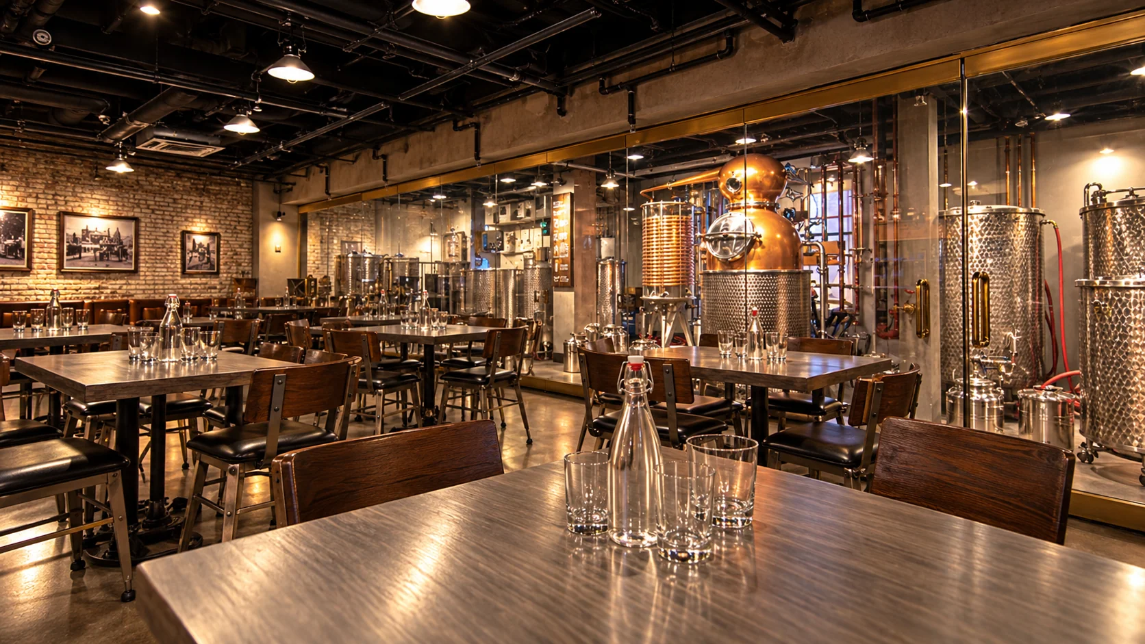 Copper still and tasting tables in The Mob Museum Underground distillery