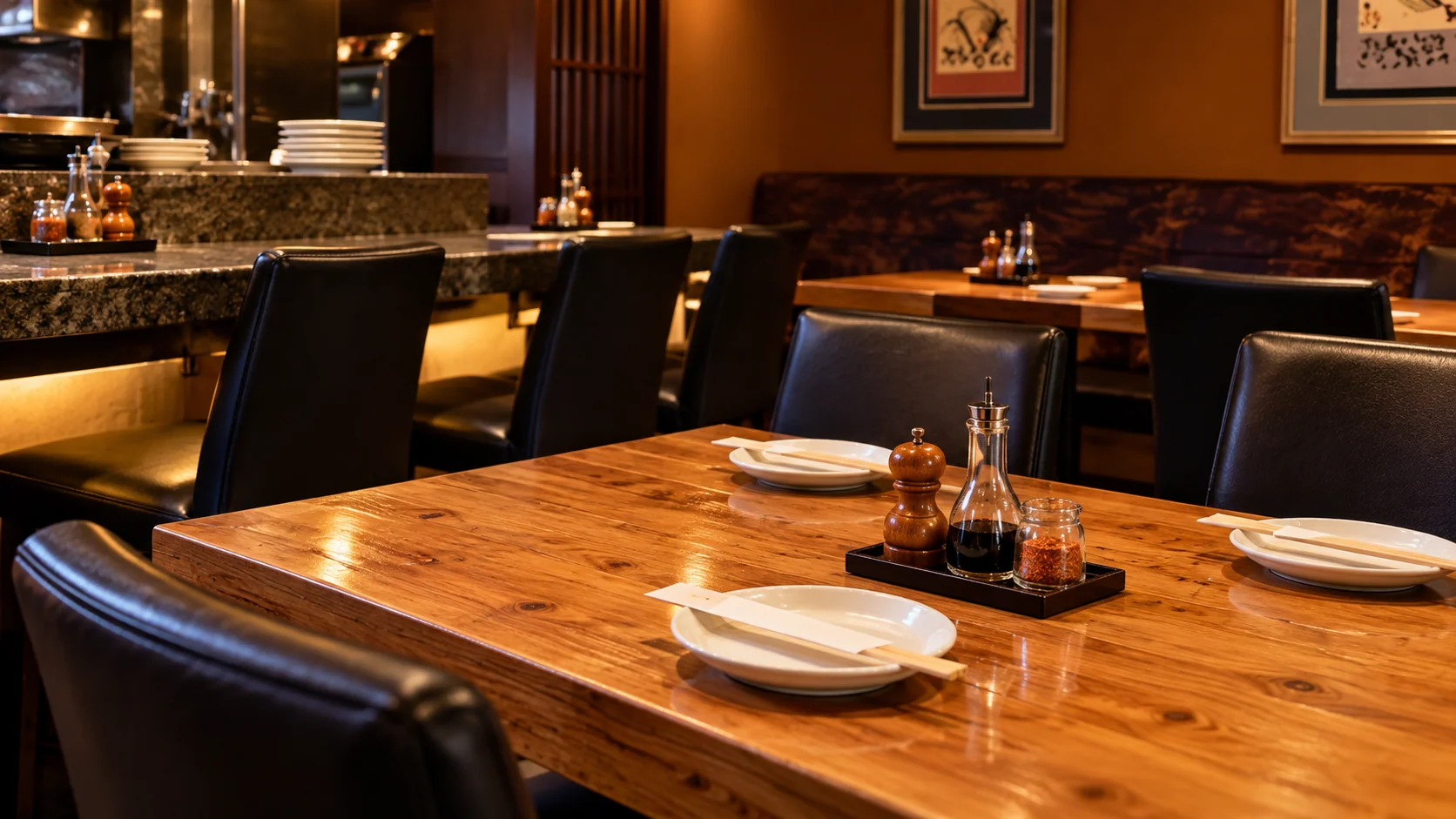 A table setting beside Raku’s counter