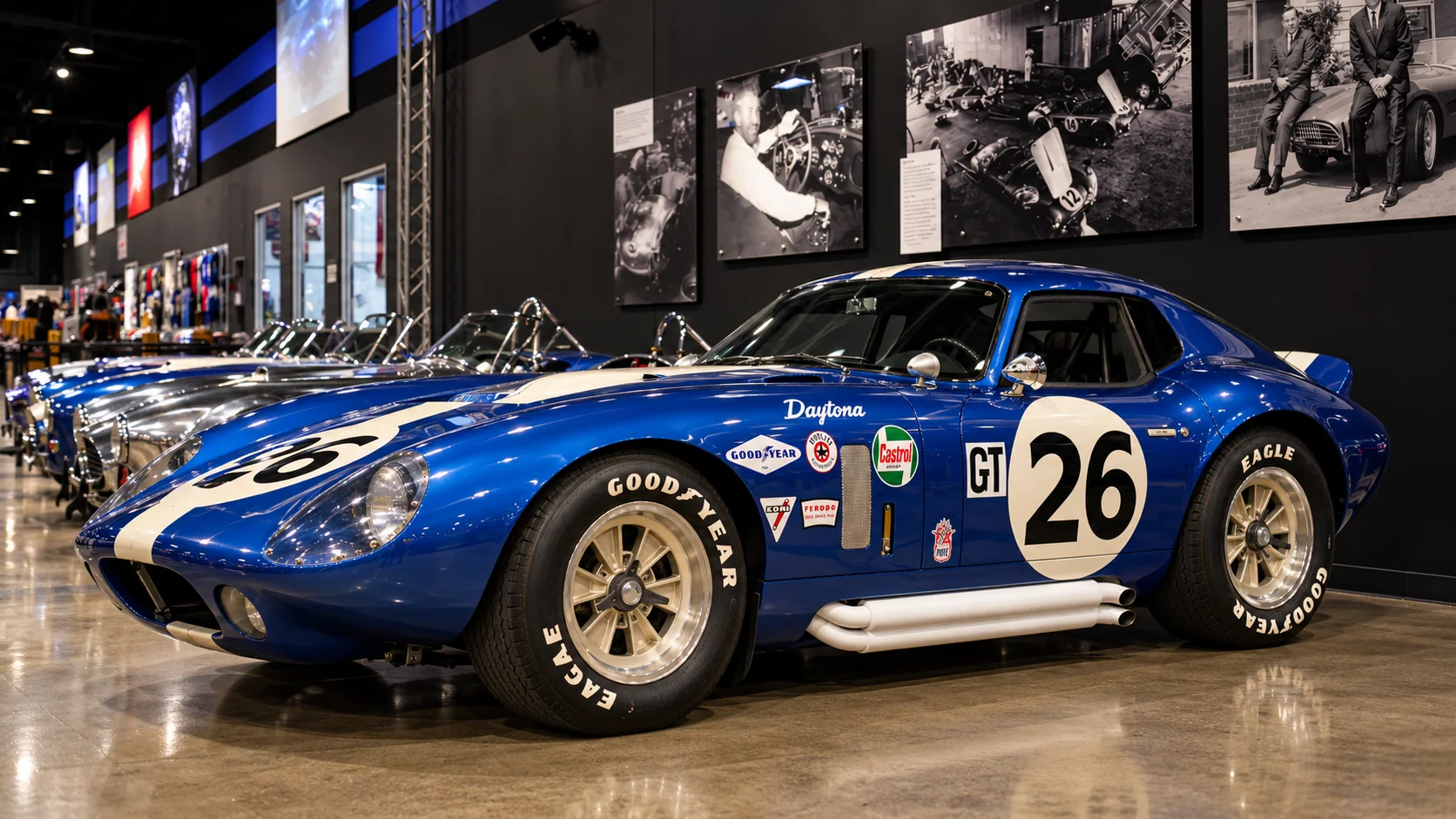 The blue Daytona coupe on display at the Shelby Heritage Center