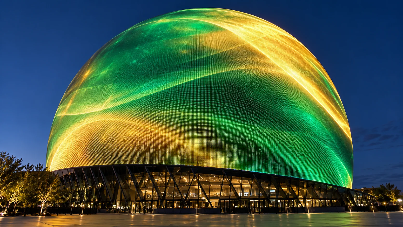 Sphere’s illuminated exterior after dark