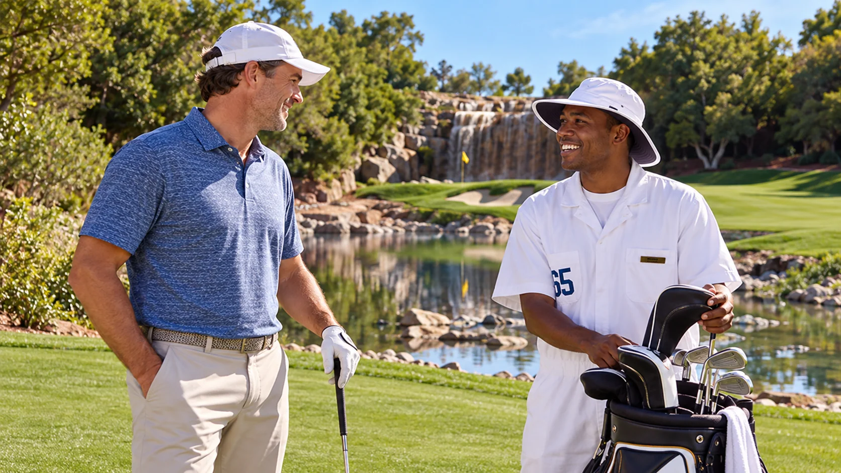 A golfer discussing the round with a Wynn caddie