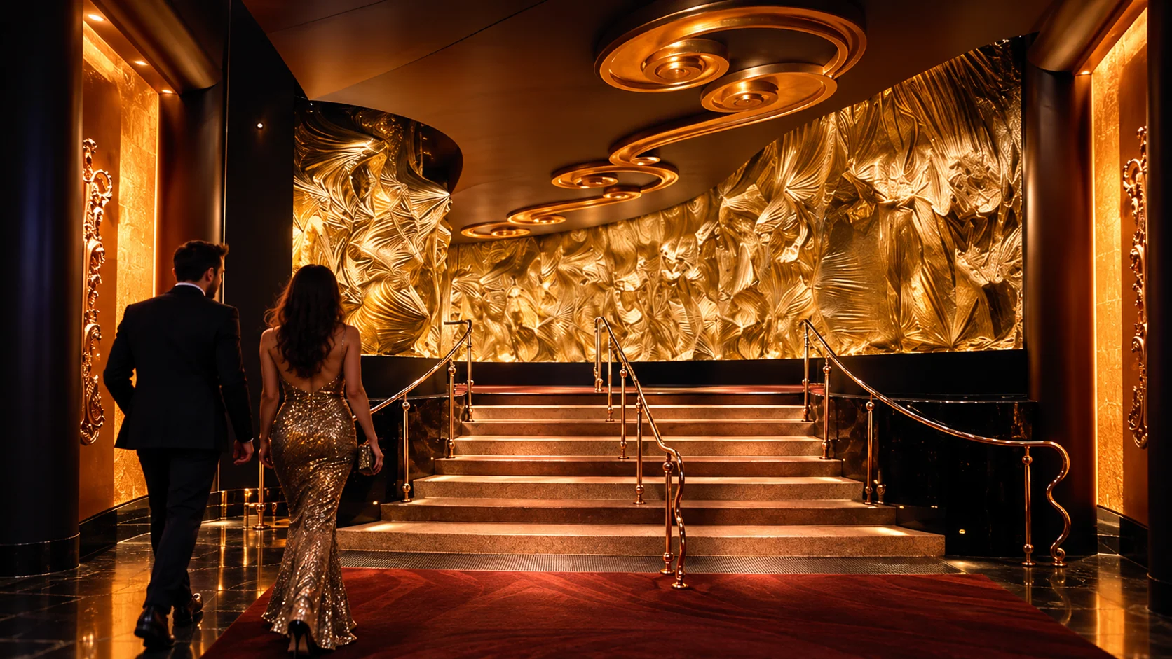 The golden entrance stairway at XS Nightclub