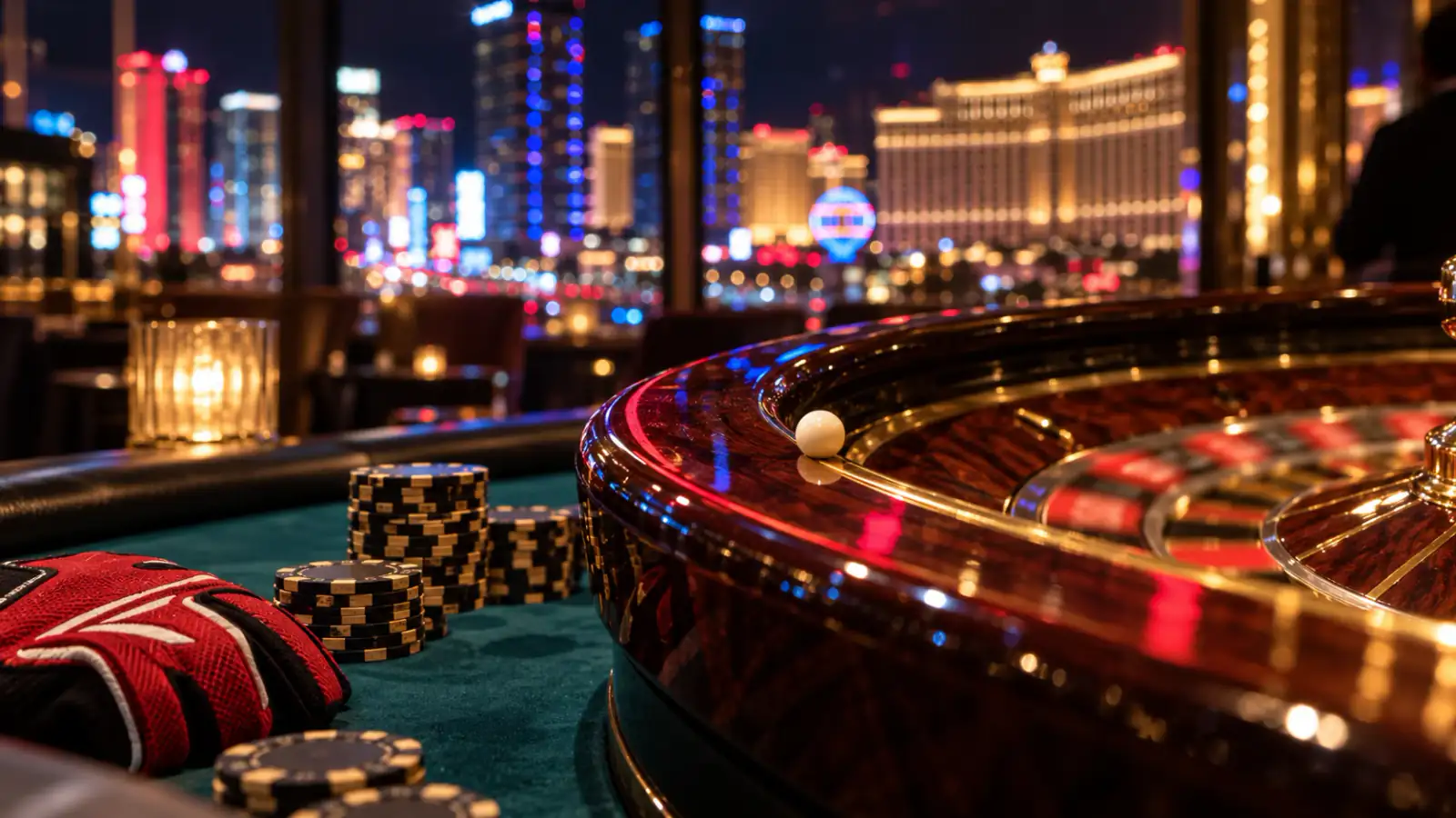 A roulette wheel, casino chips and racing gloves under warm casino lights.