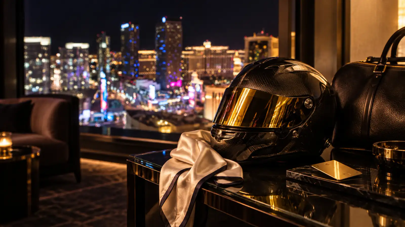 A polished racing helmet, silk scarf and gold room key in warm Las Vegas evening light.