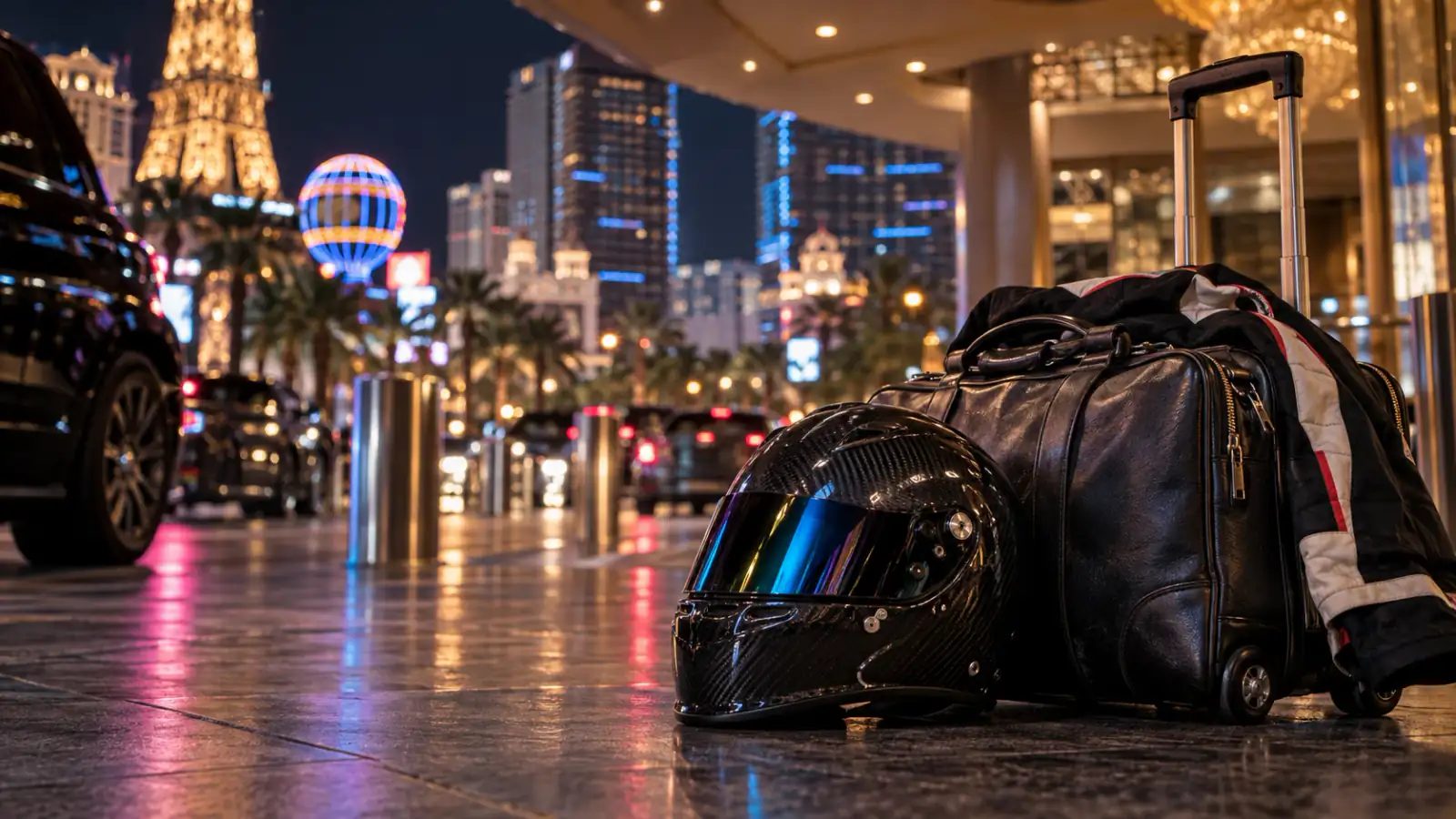 A racing helmet and leather travel case ready for arrival in Las Vegas.