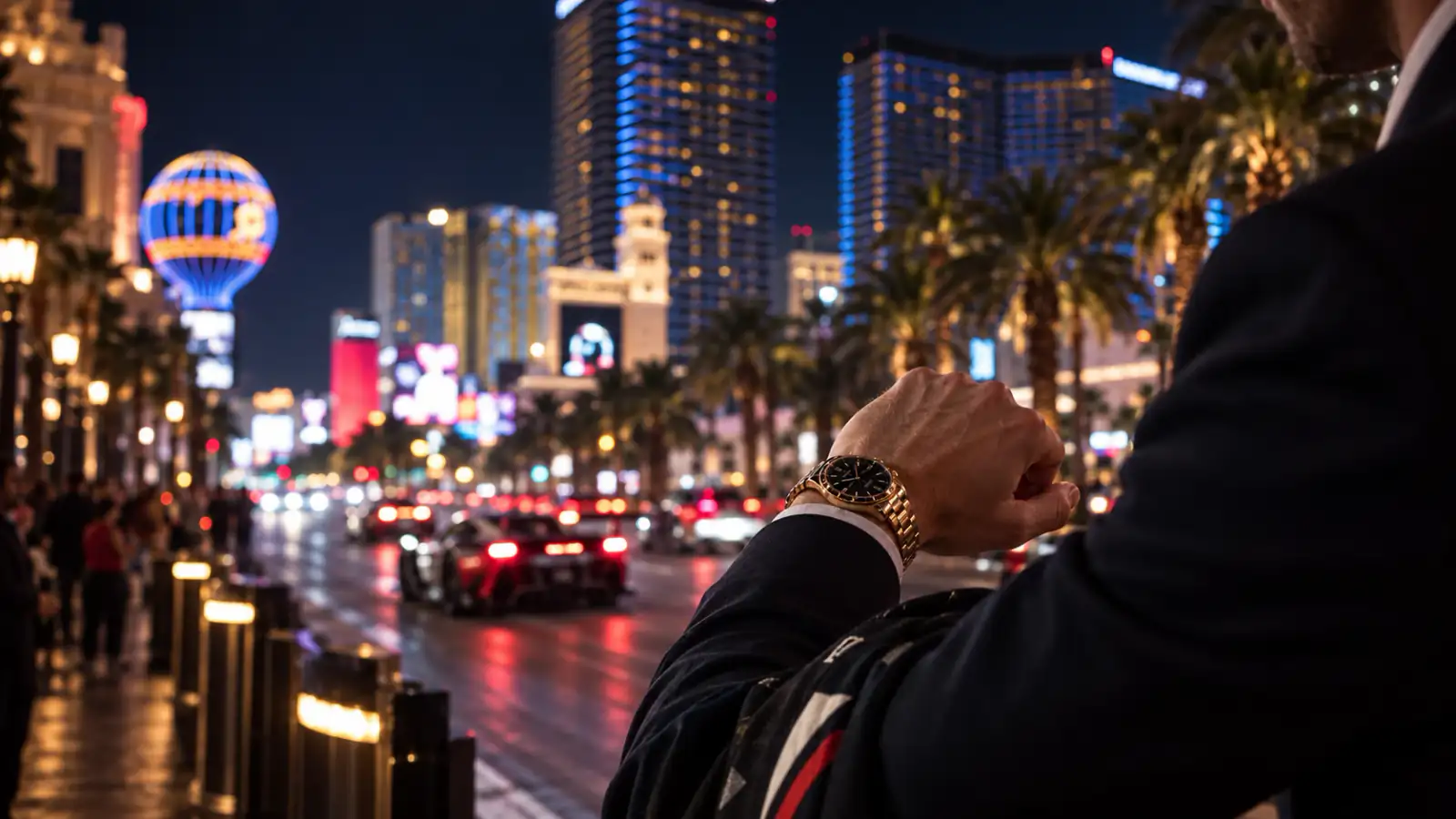 An evening watch check before heading out for the Las Vegas night race.