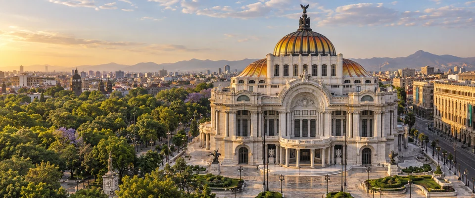 Destination artwork of Mexico City: Mexico City's Palacio de Bellas Artes beside the green Alameda Central park, its warm orange and gold dome and elegant white marble facade in clear late afternoon light.