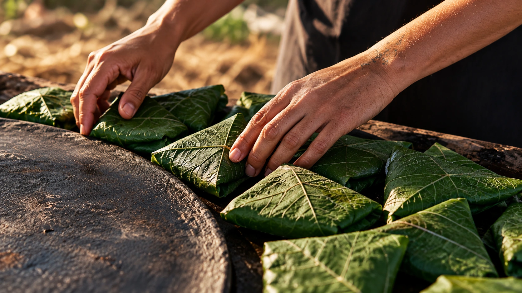 Leaf-wrapped food preparation at Arca Tierra