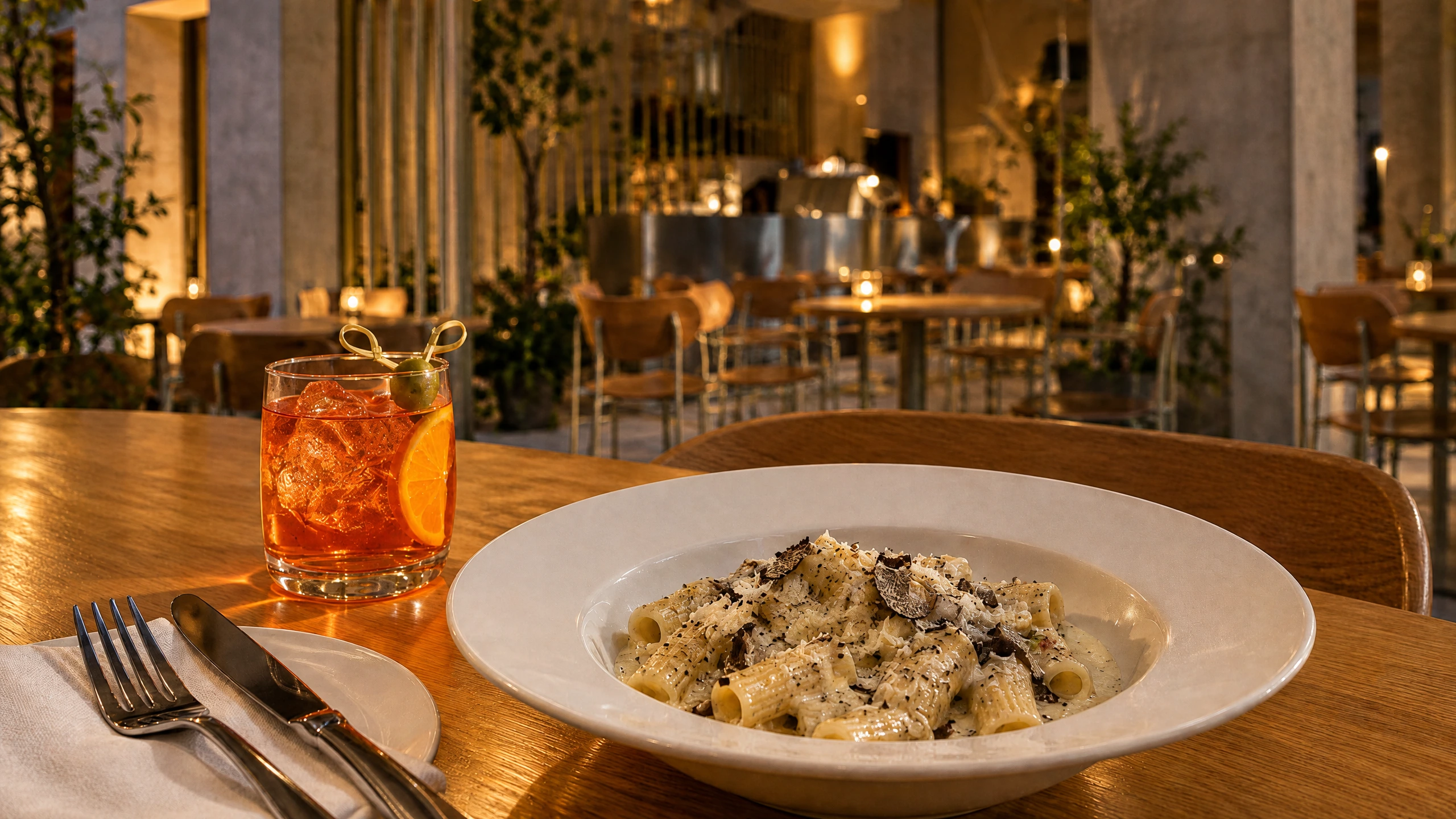 Truffle pasta and an aperitif served at Babero