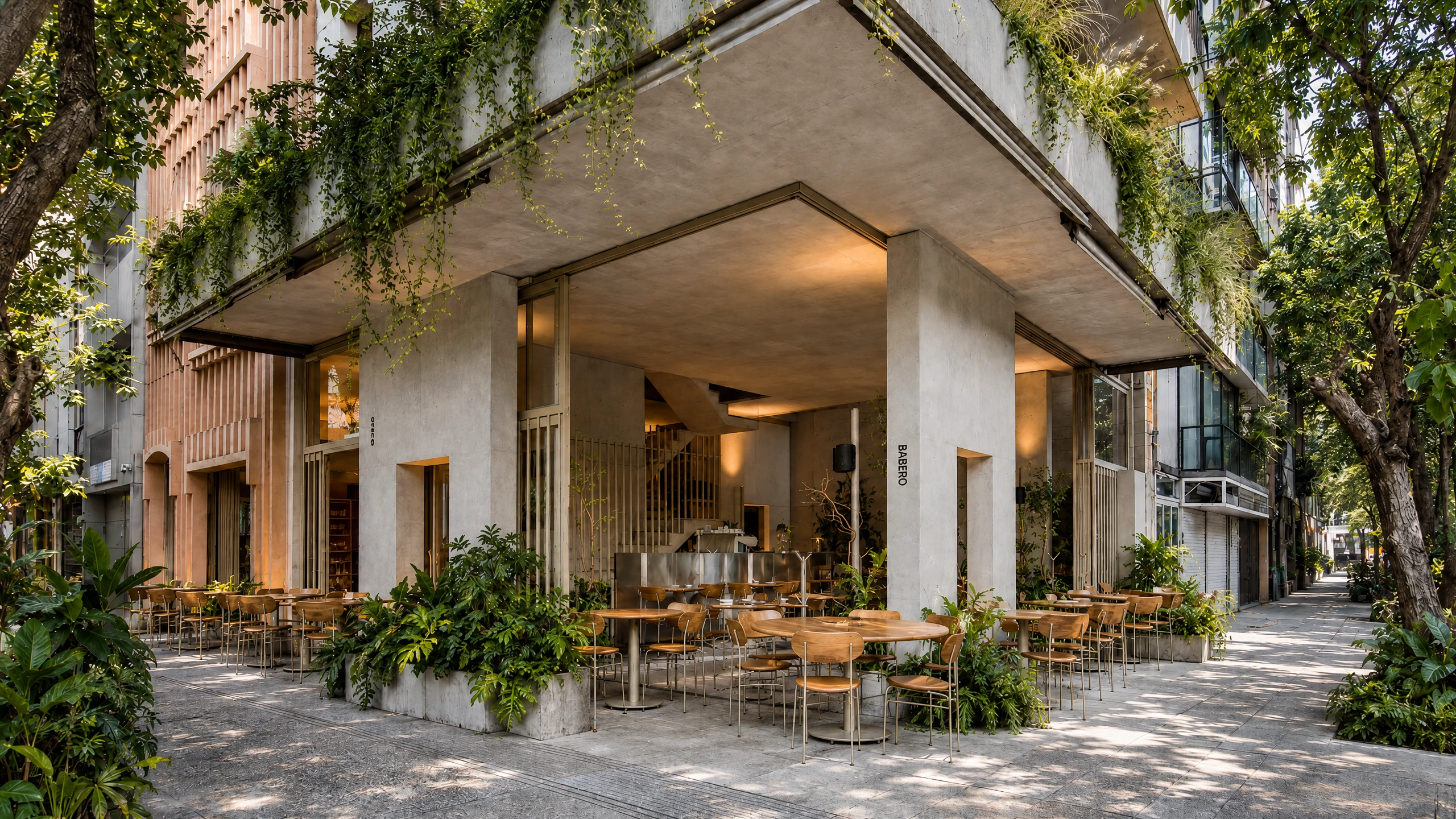 Babero’s open corner entrance beneath the concrete canopy in Roma Norte