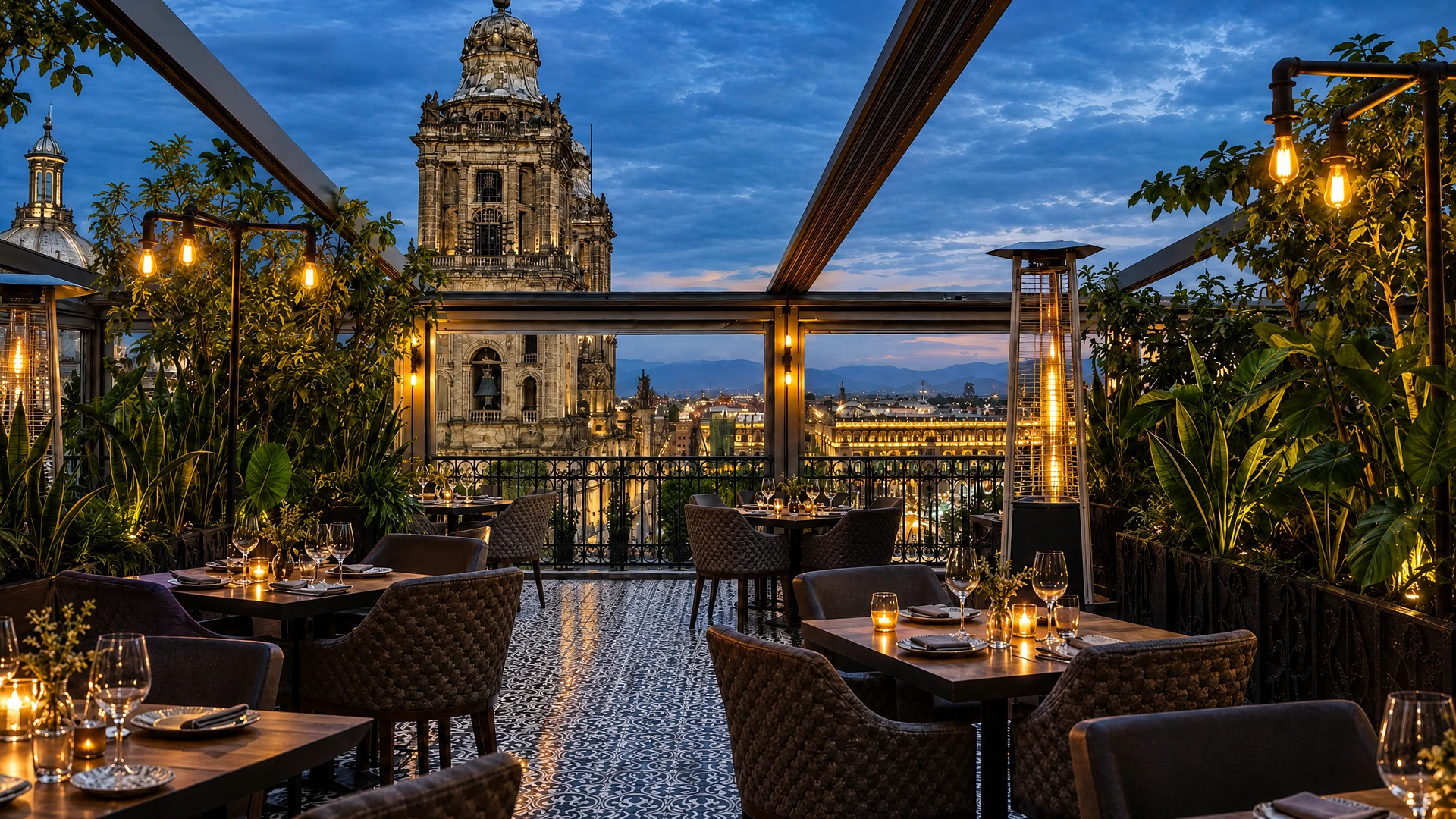 Dining tables on the leafy Balcón del Zócalo terrace with the cathedral beyond