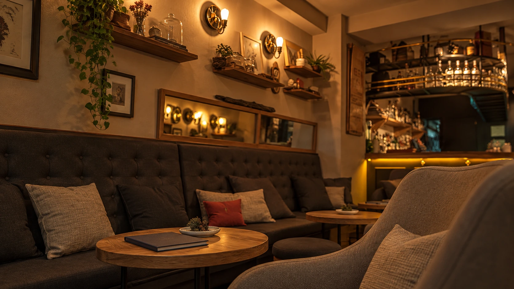 Small tables and upholstered seating in Baltra’s lounge