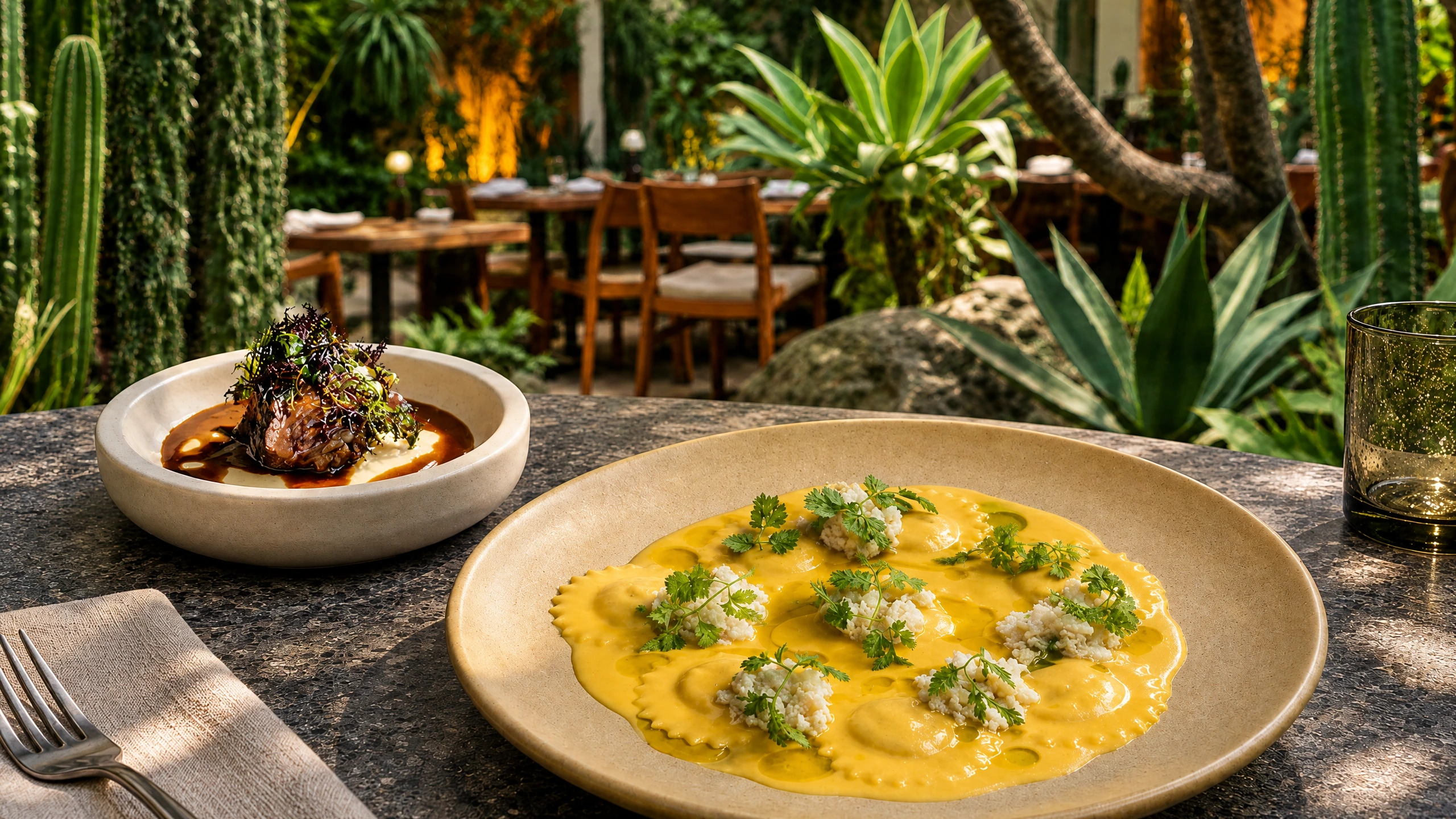 Contemporary pasta and a starter served beside Botánico’s garden