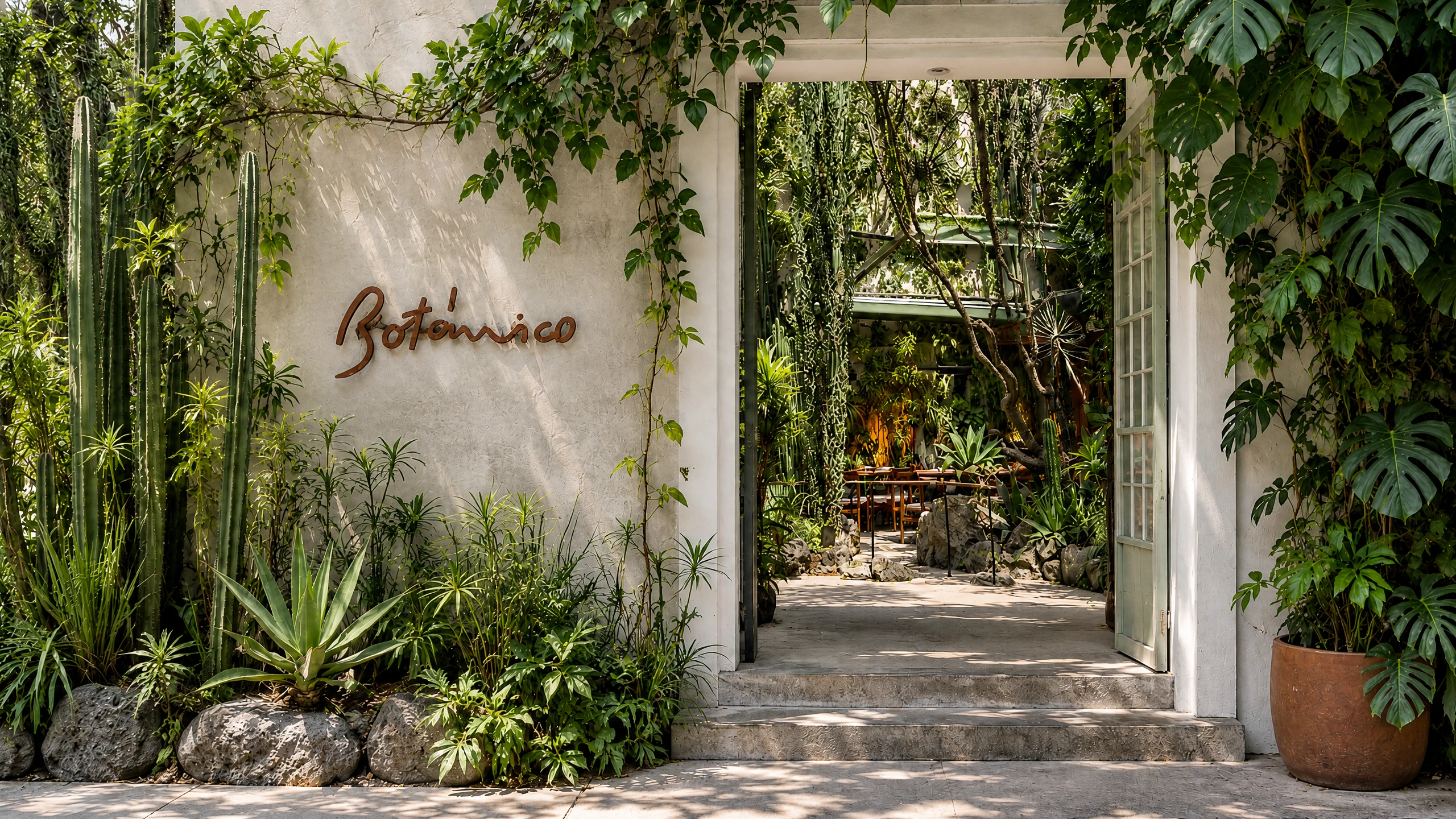 The plant-framed entrance leading into Botánico’s cactus courtyard in Condesa