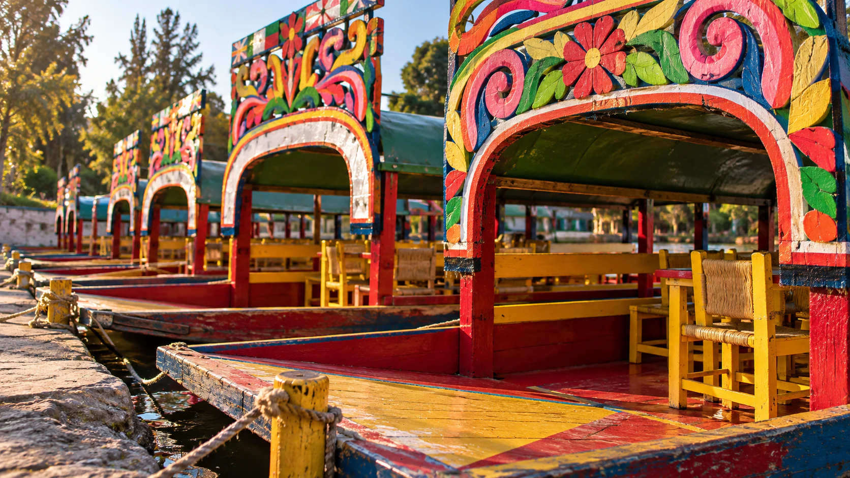 Painted trajineras moving along a Xochimilco canal