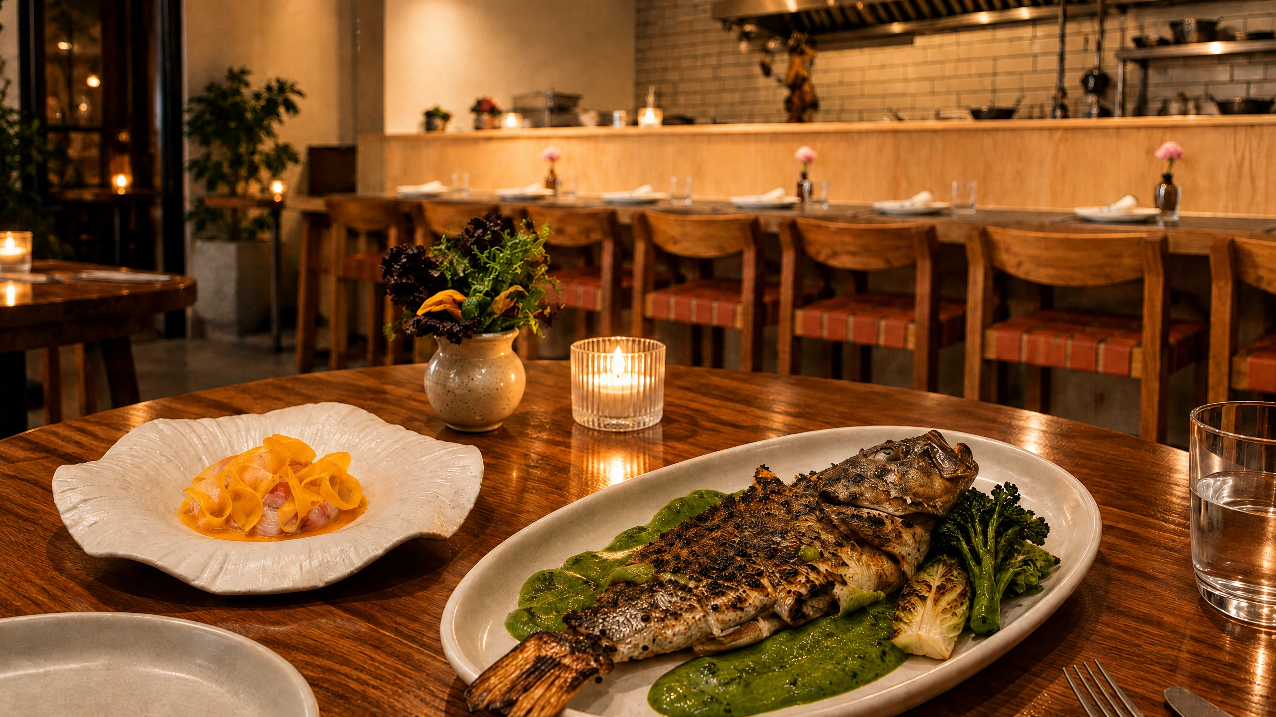 Grilled fish and a seasonal starter served at Gaba
