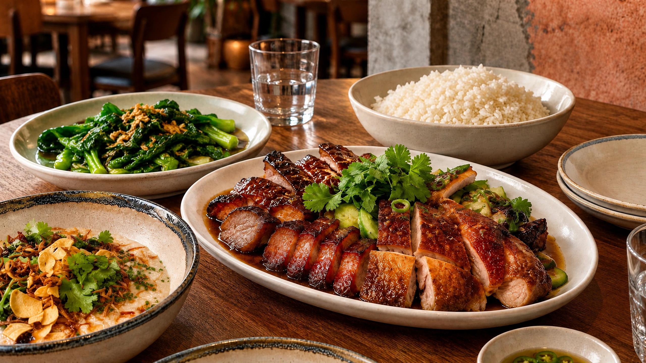 Singaporean roast meats, rice and greens served family-style at Makan